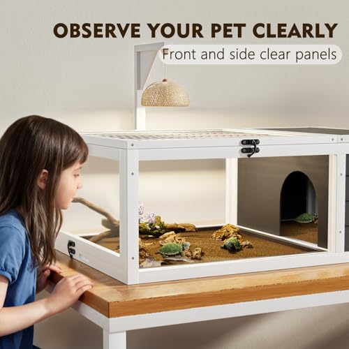 Wood Tortoise Habitat House Indoor with Lamp Holder ＆ Observation Window, Outdoor Tortoise Habitat Amphibians Reptile Cage with 2 Removable Waterproof Trays for Small Animals (Gray C)