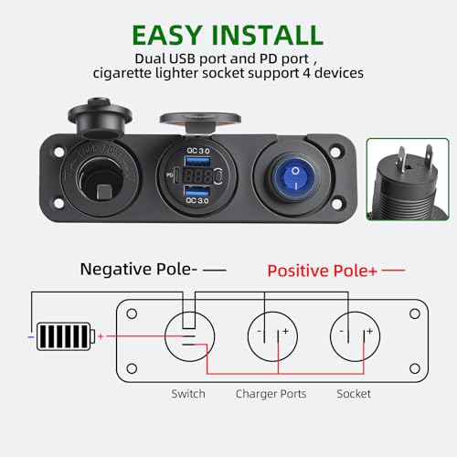 12V 3 in 1 Waterproof Cigarette Lighter Socket, Dual QC3.0 USB and PD3.0 Type‑C Fast Charger Ports, Digital Voltmeter and Switch for Car Marine Boat RV Truck ATV