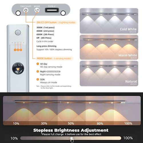 GARTO LED Under Cabinet Lights, Long Size Motion Sensor Hill Effect Closet Light, USB Rechargeable Under Counter Lights for Kitchen Wardrobe Stairs Bedroom Trunk