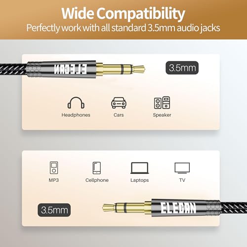 Elecan 3.5mm AUX Cable 20 Ft (Hi-Fi Sound-Zinc Alloy Case-OD 3.5MM-Ultra Slim&Soft) Auxiliary Stereo Audio Cable Braided 1/8 inch 3.5 mm AUX Cord for Headphones,Car,Home Stereos, Speaker,Phones - size: 20FT-1PK, style: Straight to Straight