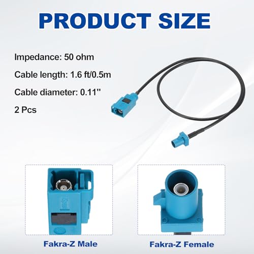 uxcell 2Pcs Antenna Extension Cable, 1.6ft/0.5m Fakra-Z Male to Fakra-Z Female RF Coax Cable for Car Stereo Head Unit GPS Navigation FM AM Radio RG174 - size: 1.6ft/0.5m