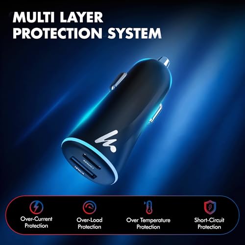 PD 51W Superfast Charging Wozoyo Car Charger, with Type C and USB A, Power Delivery, PPS & QC 3.0, Dual Port (33W + 18W), 12V–24V Compatible, Multi-Layer Protection, 2-Years Manufacturer Warranty