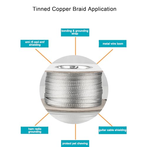 Tinned Copper Braided Cable Shielding Sleeve Metal Wire Loom Sheathing EMI RFI ESD Protector Grounding Mesh Flat Tubular Expandable 1/4" W(0.16" ID)-20FT - size: 1/4"W(0.16"ID)-20FT