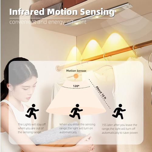 GARTO LED Under Cabinet Lights, Long Size Motion Sensor Hill Effect Closet Light, USB Rechargeable Under Counter Lights for Kitchen Wardrobe Stairs Bedroom Trunk