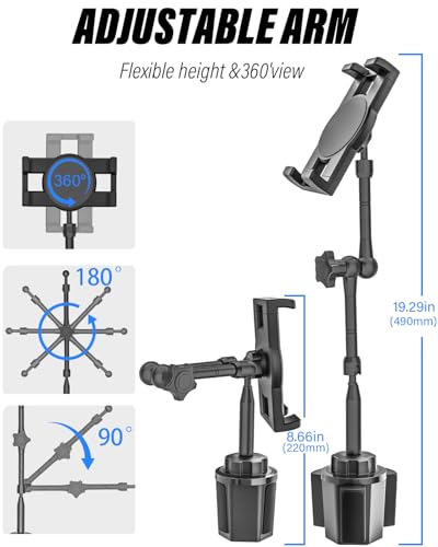 Z Fold Car Mount - [Foldable Phone Friendly] Cup Holder Tablet Mount for Car Truck, 360° Adjustable 19" Long Metal 2-Arm Stand for Samasung Galaxy Fold 7 6 5 4 3 2, Tabs, Google Pixel, iPad, iPhone
