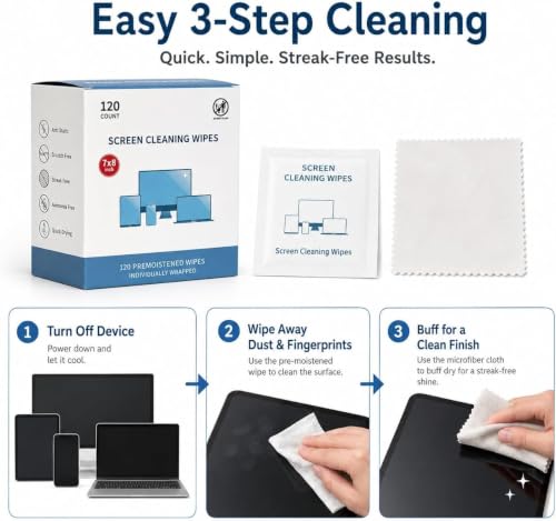 Screen Cleaning Wipes for Electronics,120 Count7"x8"Pre-Moistened Screen Cleaner Wipes with Microfiber Cloth, Individually Wrapped Laptop Computer Phone Tablet Monitor TV Car Screen Cleaning Wipes