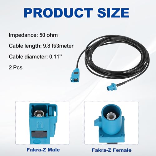 uxcell 2Pcs Antenna Extension Cable, 9.8ft/3meter Fakra-Z Male to Fakra-Z Female RF Coax Cable for Car Stereo Head Unit GPS Navigation FM AM Radio RG174 - size: 9.8ft/3.0m