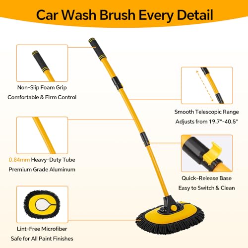 7 in 1 Car Wash Kit with 20L Folding Bucket & Brush, Extendable Car Wash Brush with 40.5" Long Handle, 15° Curved Aluminum Pole, Scratch-Free Microfiber Chenille Mop for SUV Truck RV, Yellow - color: Yellow