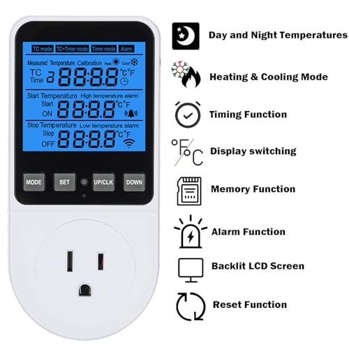 Digital Day Night Thermostat Outlet Plug with Timer, Heating Cooling Multi Period Temperature Controller, LCD Screen Outlet Socket for Reptile Incubator Greenhouse Brewing Refrigerator 110V - color: Upgraded