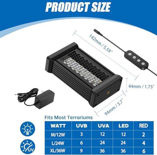 Reptile UVB Light & Heater Lamp, 5inch Aluminum UVA UVB LEDfor Rainforest and Desert Reptiles, Geckos, Chameleons and Bearded Dragons, Adjustable 6/10/12H Timer, Dimmable with 3 Lighting Modes - size: 5inch