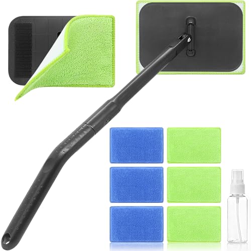 Windshield Cleaner Tool with 6 Reusable Magic Fiber Pads & Spray Bottle
