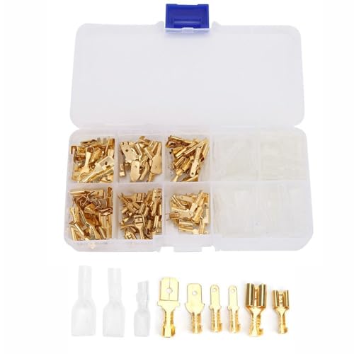 Wire Connectors – Gold Spring Brass Male and Female Connectors Kit with Insulation Sleeves for Automotive Car Wiring, 6.3/4.8/2.8mm Crimp Terminals