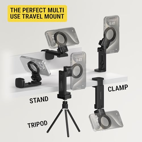 Scosche SMSTRVL MagSafe Airplane Phone Holder Mount, Magnetic Cell Phone Stand for Desk, Tray Table, Seat Back or Tripod, Plane Travel Essentials for Flying Compatible with iPhone 16/15/14/13/12 - size: 1 Pack, style: Travel / Desk / Office