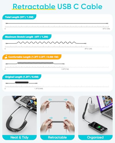 SUNGUY Coiled USB C to USB C Cable, 60W USBC to USBC Android Auto & Carplay Cable for iPhone 17 16 15 Pro Max, Samsung Galaxy S24/S3/S22, iPad Pro, 1Pcs 5FT【Extendable:1.3FT-3.3FT】 Grey - color: Grey, size: 5ft