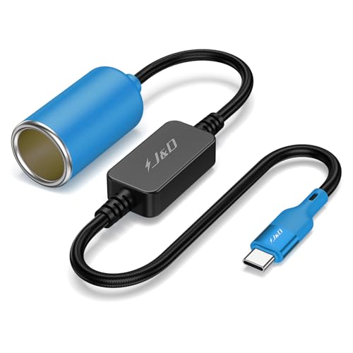 J&D USB C Male to 12V Car Cigarette Lighter Socket Female Converter Cable, 12V 18W Power Cable for Dash Cam, GPS, Car LED Light Strips, Blue, 1 ft - color: Blue, size: 1 ft