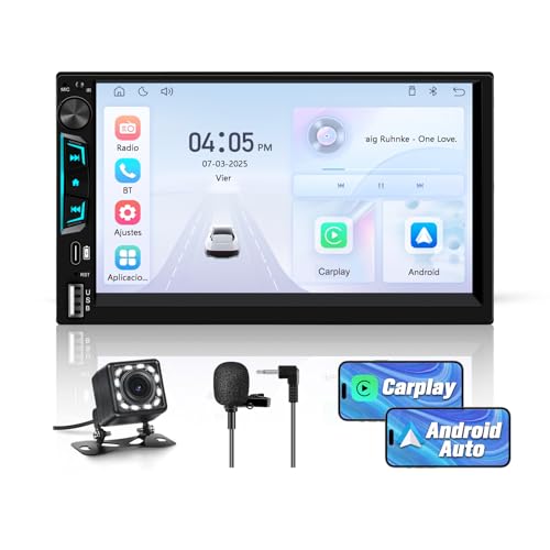 Universal Double Din Car Stereo with Wireless CarPlay & Android Auto, 7" HD Touch Screen Head Unit with Backup Camera/External Microphone, Car Radio Supports Bluetooth/SWC/FM/USB/RGB