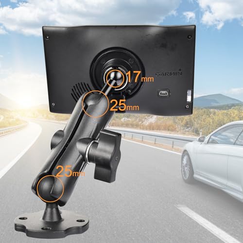 VAUBORTTI Aluminum GPS Mount with [17mm to 25mm Dual Ball Adapter], Fits Garmin GPS & Phone Holder, Replacement for Suction Cup Windshield Mount, Heavy-Duty Drill Base, Arm with 1" Ball Joint
