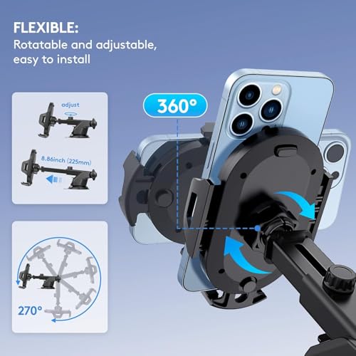 Phone Holder Car Universal Car Phone Holder Automobile Accessories Dashboard [Military-Grade Suction & Stable Clip] Air Vent Windshield Phone Mount Fit for iPhone Android Smartphones