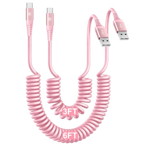 USB C Cable Fast Charging Cable [3FT+6FT] Coiled USBA to USBC Cable for Car - color: Pink, size: 3FT+6FT