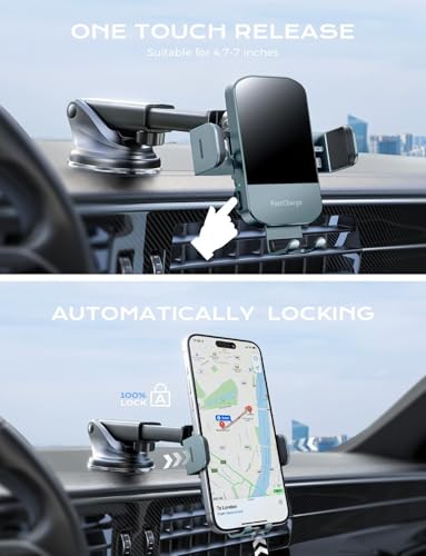 Wireless Car Charger, 15W Fast Charging Auto Clamping Car Charger Phone Mount Phone Holder fit for iPhone 15 14 13 12 11 Pro Max Xs, Samsung Galaxy S24 Ultra S23 S22 S21, S20, S10+, Green
