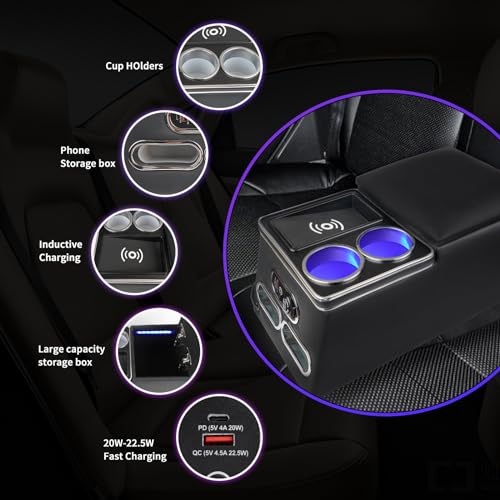 Upgrade Universal Center Console Organizer with Inductive Charging Stand, Fast Charging, Cup Holder, and Phone Holder for Car, Truck, and Van, Back Bench Seat Armrest Middle Storage Box