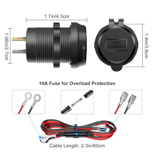 DC 12V-24V Car Charger Socket with PD & QC3.0 Ports LED Indicator Design Waterproof USB Outlet for Car Motorcycle Truck