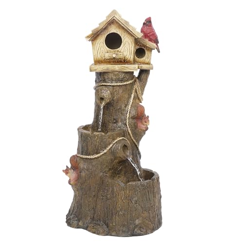 Alpine Corporation ZEN552 Outdoor Multitiered Birdhouse with Cardinal and Squirrels Water Floor Fountain for Patios, Gardens, and Yard Decor, 24" H, Brown - style: Tree and Cardinal Birdhouse