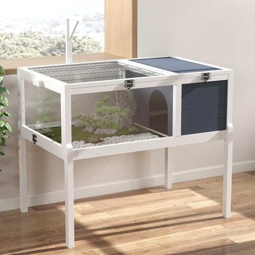 Yafylly Wooden Tortoise Habitat Indoor, Large Tortoise Habitat Enclosure with Detachable Legs, 2 Leak-Proof Trays, Lamp Holder, Indoor Turtles Habitats, Tortoises House Outdoor