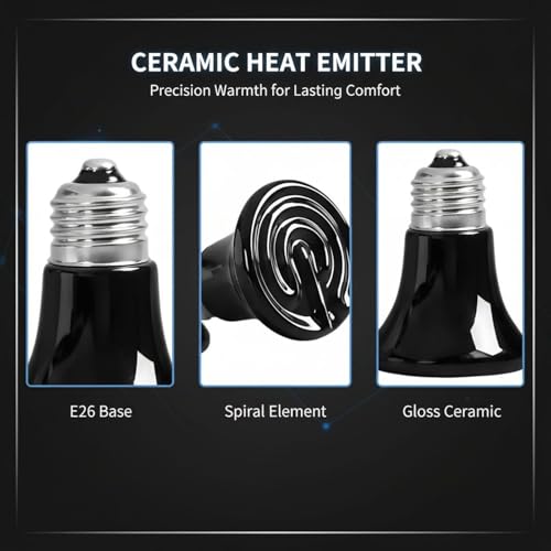 2 Pcs Ceramic Heat Emitter, 75 W Mini Reptile Heat Lamp with E26 Socket, No Light Emitted Infrared Brooder Coop Heater, Anti-Scald Heating Bulb for Pet, Chicken, Lizard, Turtle