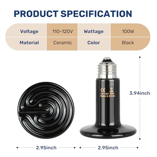 Reptile Heat Lamp 100W Ceramic Heat Emitter, No Light Emitting Heat Bulbs for Amphibian Pet Brooder Coop Incubating Chicken, Lizard Bearded Dragon Turtle Snake Terrarium, 2 Pack - color: 2 Pcs (Black), size: 100 Watts