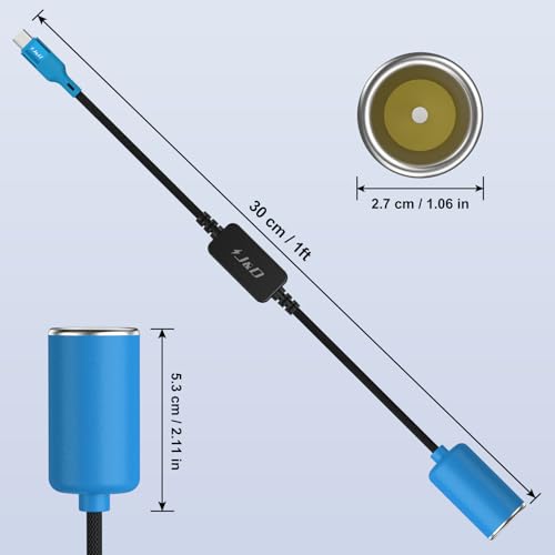 J&D USB C Male to 12V Car Cigarette Lighter Socket Female Converter Cable, 12V 18W Power Cable for Dash Cam, GPS, Car LED Light Strips, Blue, 1 ft - color: Blue, size: 1 ft
