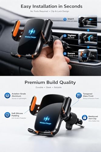 Car Phone Holder with Wireless Charger, Auto Clamping Car Mount, Fast Charging Phone Holder for iPhone & Android, Dashboard Windshield Air Vent Mount