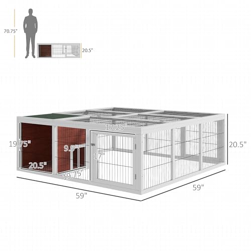 PawHut 59" Outdoor Rabbit Hutch Playpen, Wooden Tortoise House Habitat, Bunny Cage with Run and Enclosed Cover, for Rabbits, Chickens, Ducks, Indoor, Dark Brown