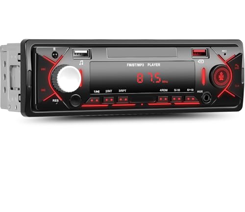 Single Din Car Stereo with Bluetooth 5.0 Hands Free Calling Digital Car Stereo Receiver FM Radio Car Mp3 Player Audio Multimedia System with 2 USB/AUX FM Radio USB Quick Charge LCD Digital Display