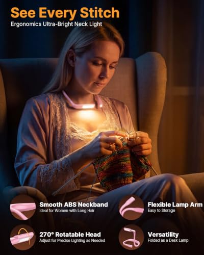 Neck Light with Storage Case, 3 Colors Dimmable Book Reading Light - color: Pink Light with Storage Case