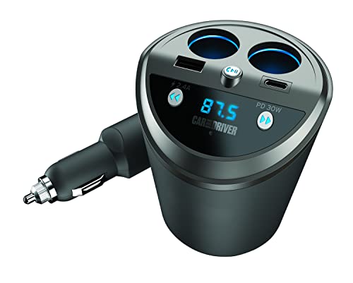 Car and Driver Smart FM Transmitter Bluetooth Cup Holder, Compatible with Alexa, Siri, and Google Assistant for Car, Dual USB-A and USB-C PD Fast-Charging Ports and Cigarette Lighter 12V Power Sockets