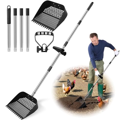 Chicken Poop Scooper for Sand, Coop Scoop with 22 to 64" Adjustable Handle, 2-in-1 Metal Shovel Head Chicken Scooper for Poop, Litter Rake & Sifting Shovel for Pet Waste Cleaning