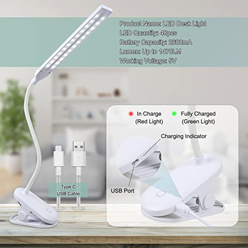 LED Reading Light with Clip, Desk Lamp 48 LEDs 2600mAh Battery USB Rechargeable Book Lights Stepless Adjustable Brightness Eye Protection Flexible Table Lamps for Bed Headboard, Home, Office - color: White
