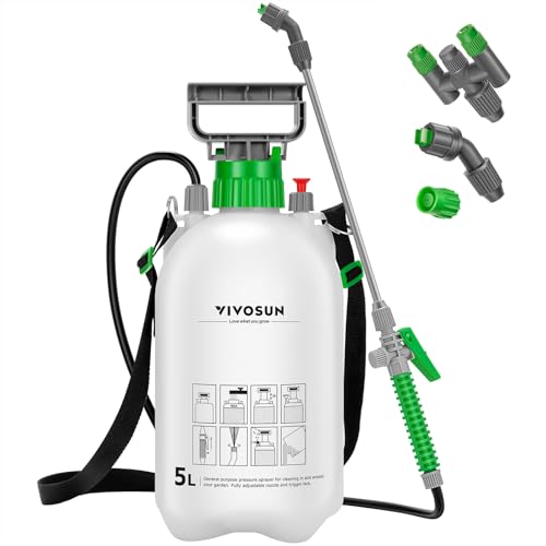 VIVOSUN 1.35 Gal/5L Pump Sprayer, Garden Water Sprayer for Plants, Weeds & Lawn Care, with 3 Nozzles, 50'' Long Hose & Pressure Relief Valve - size: 1.35 gal