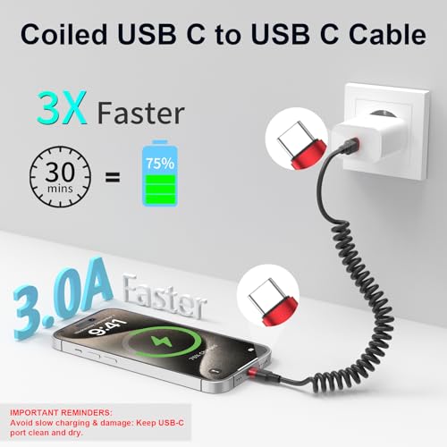 Coiled USB C to USB C Cable, 2 Pack 3FT USBC Car Charger Cord, USBC to USBC Coiled Cable Fast Charging for Carplay, iPhone 17/16/15 Plus/Pro Max, Samsung Galaxy S25 S24 S23, Pixel 10 9 - size: 3FT Coiled C-C