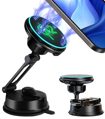 Certified Qi2 Car Phone Mount Charger for MagSafe, 360° Adjustable & Folding Arm, Universal Dashboard Windshield Mirror Screen Magnetic Holder for Tesla Model 3/Y Accessories & iPhone 17/16/15 Pro Max - size: Dash+Screen+Qi2 Charger