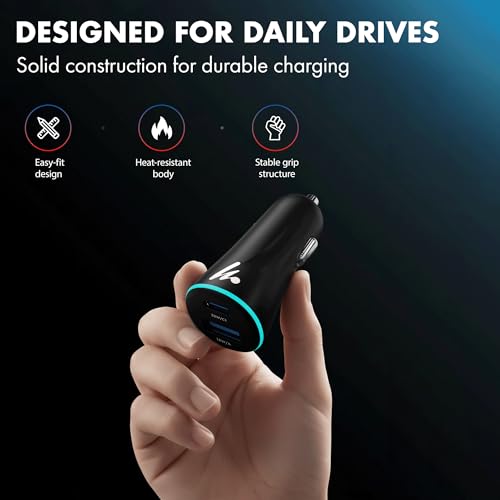 PD 51W Superfast Charging Wozoyo Car Charger, with Type C and USB A, Power Delivery, PPS & QC 3.0, Dual Port (33W + 18W), 12V–24V Compatible, Multi-Layer Protection, 2-Years Manufacturer Warranty