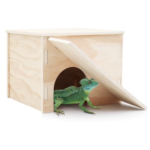 2-in-1 Wooden Hide Cave with Ramp & Basking Platform – Reptile Hideout & Tank Accessory for Bearded Dragons, Geckos, Snakes - size: Small