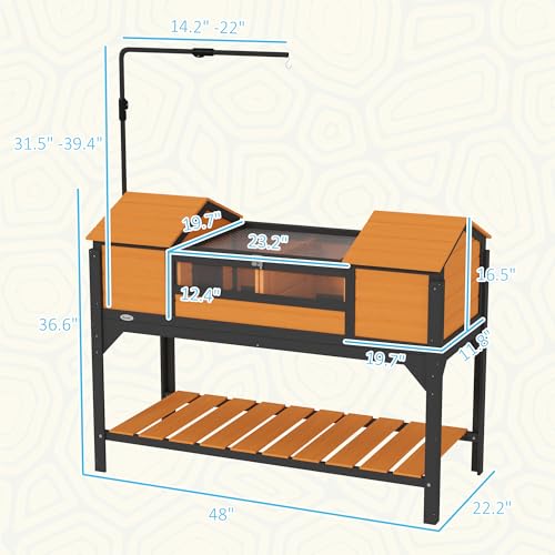 PawHut Tortoise Habitat with Adjustable Lamp Holder, Wooden Tortoise Enclosure with Storage Shelf, Dual Main Houses, Attached Tray, Openable Lid, Yellow