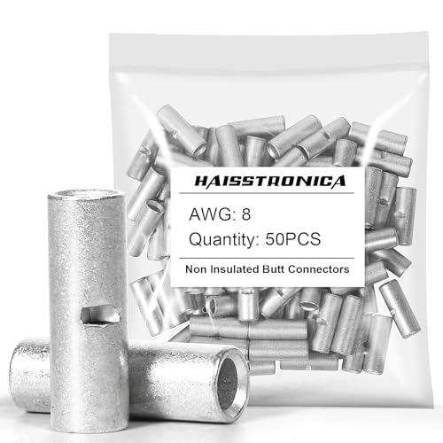 haisstronica 50PCS Non-Insulated Butt Connectors AWG 8 Tinned Copper - size: 8 AWG
