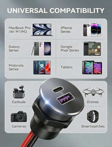Vadaxx All-Aluminum 12V RV USB Outlet Wall Mount Recessed Panel Car Charger - color: Black, size: 1P