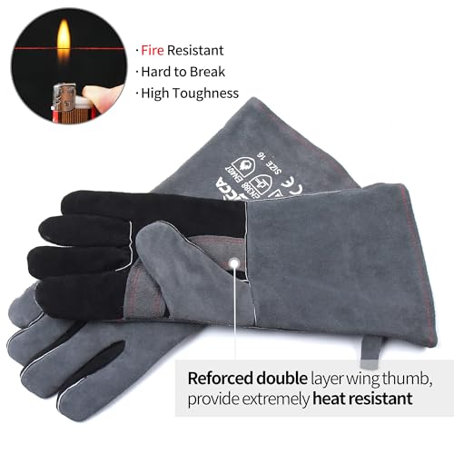 RAPICCA Fireplace Fire Pit Gloves, 662°F Fireproof Leather, 16 in Grey | For Wood Stove, Campfire, Charcoal, Cast Iron, BBQ Grill, Oven, Stick & MIG Welding, Forge, Dry Ice - color: Grey(length 16in)