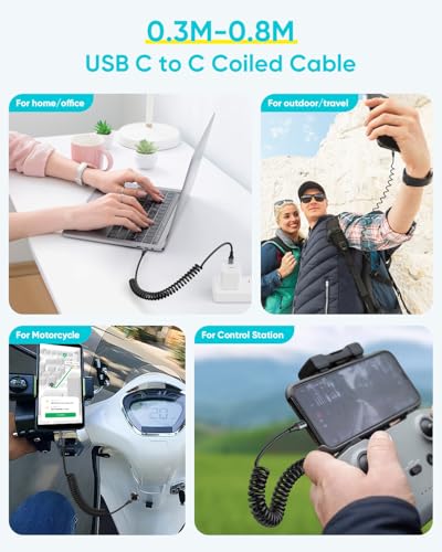 SUNGUY Coiled USB C to USB C Cable, 60W USBC to USBC Android Auto & Carplay Cable for iPhone 17 16 15 Pro Max, Samsung Galaxy S24/S3/S22, iPad Pro, 1Pcs 4FT【Extendable:1FT-3FT】 Grey - color: Grey, size: 4ft