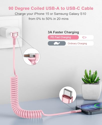 90 Degree USB A to USB C Cable Coiled, 3FT USB C Cable 3A Fast Charging - color: Pink, size: 3FT