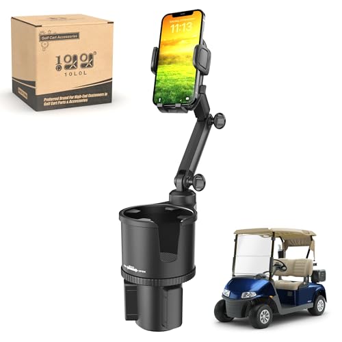 10L0L Updated ABS Golf Cart Cup Holder with Mobile Phone Holder Mount Compatible with Yamaha, EZGO, Club Car Golf Cart Model, 360° Rotatable Stand/One Click to Secure & Release/Expandable